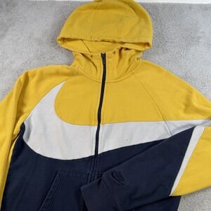 Nike Hoodie Mens Medium Yellow Navy Full Zip Fleece Big Swoosh Jacket Y2K
